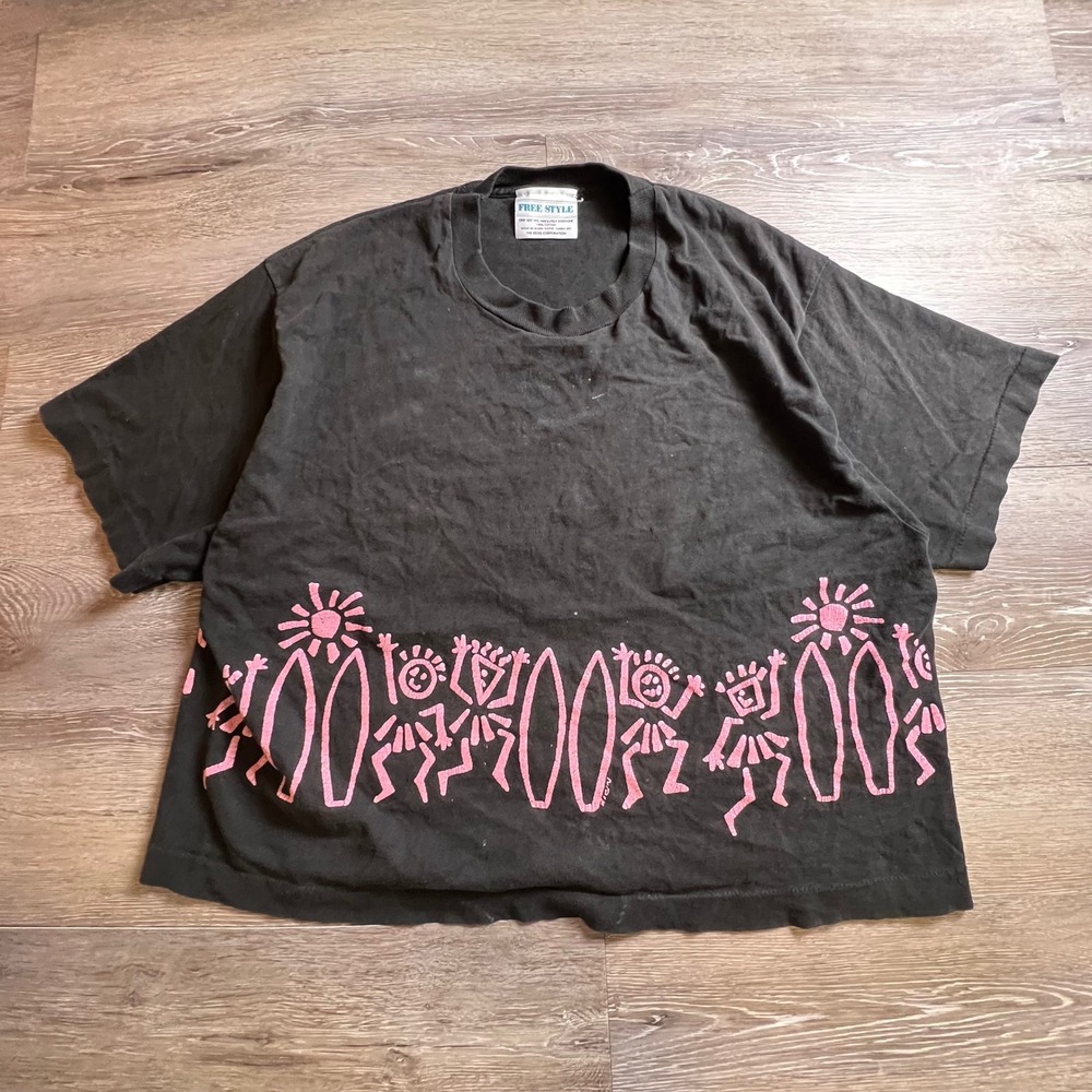 Free Style T Shirt Unisex OS Black Pink Tribal Surf Graphic Boxy Vintage 80s 90s